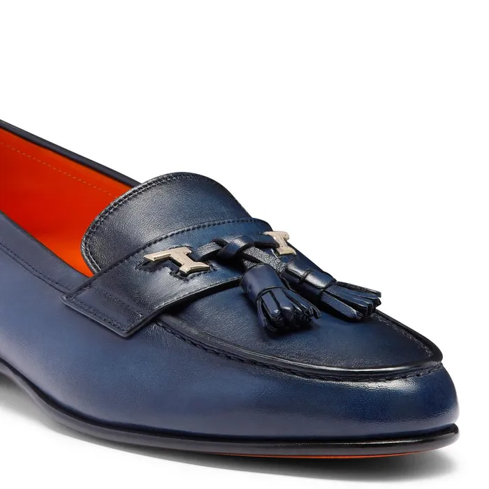 Santoni Blue Leather Andrea Tassel Loafer Men Loafers
