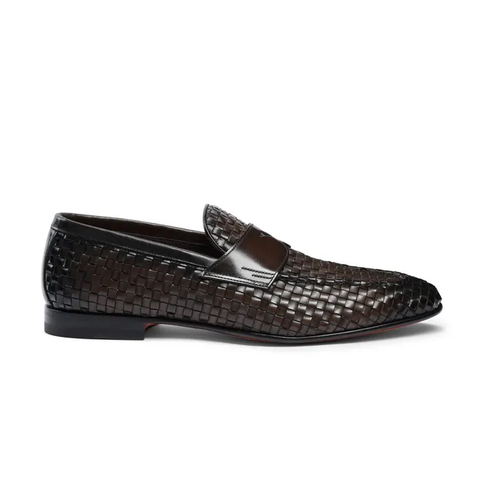 Santoni Brown Woven Leather Loafer Men Loafers