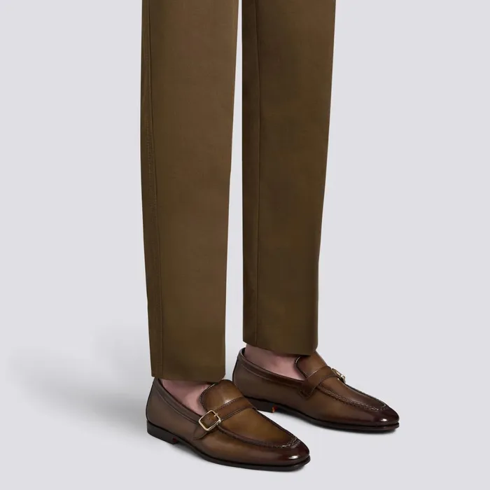 Santoni Dark Brown Leather SingleBuckle Loafer Men Loafers