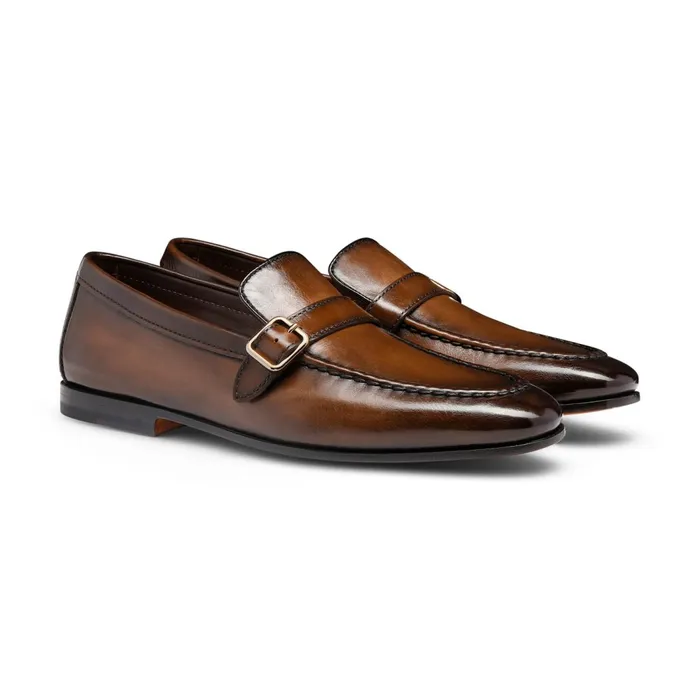 Santoni Dark Brown Leather SingleBuckle Loafer Men Loafers