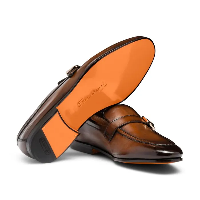 Santoni Dark Brown Leather SingleBuckle Loafer Men Loafers