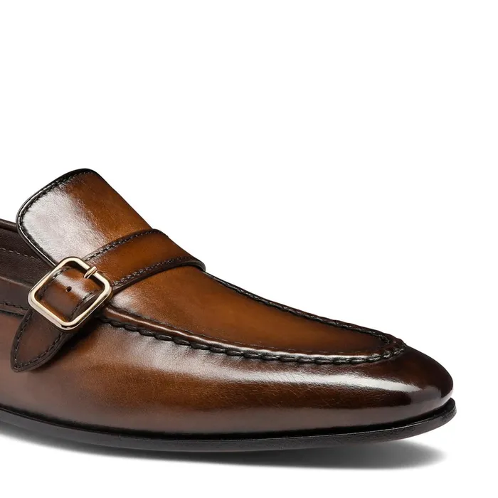 Santoni Dark Brown Leather SingleBuckle Loafer Men Loafers