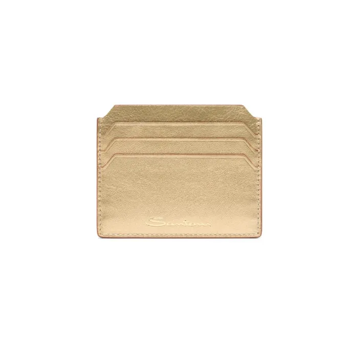 Santoni Gold Laminated Leather Credit Card Holder Women Small Leather Goods