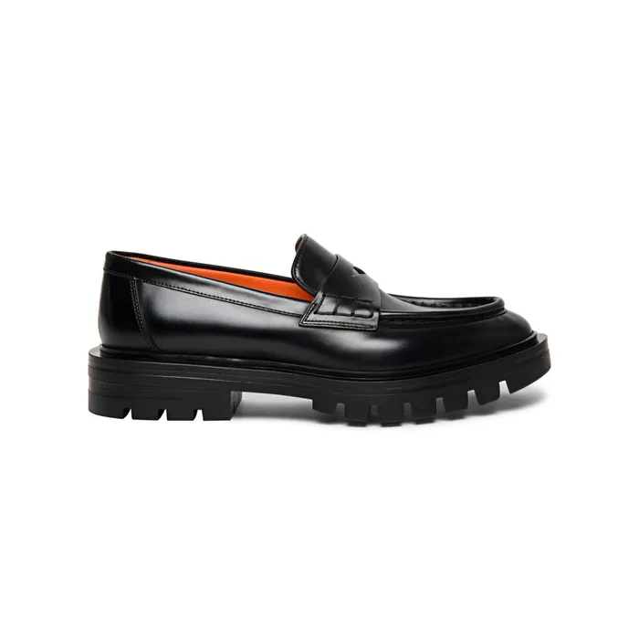 Santoni Polished Black Leather Penny Loafer Women Loafers
