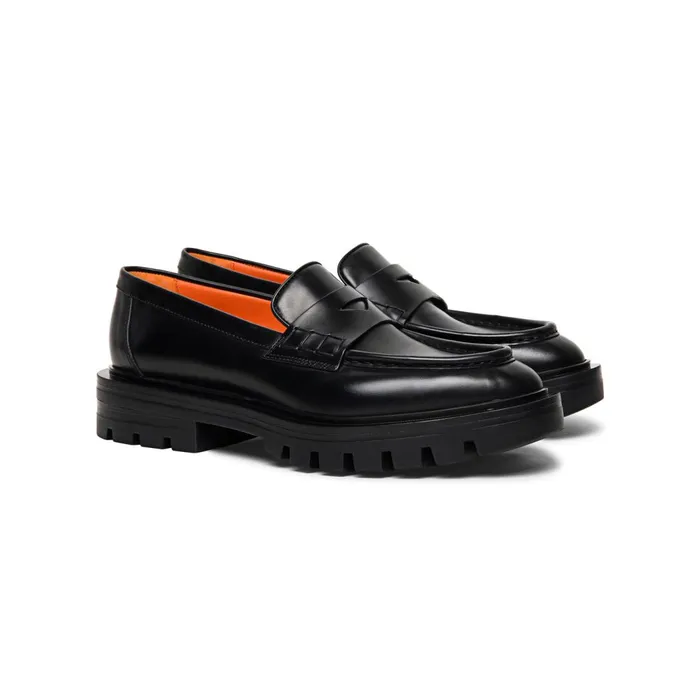 Santoni Polished Black Leather Penny Loafer Women Loafers