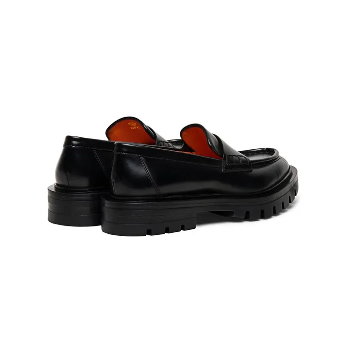 Santoni Polished Black Leather Penny Loafer Women Loafers