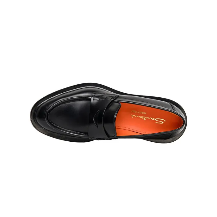 Santoni Polished Black Leather Penny Loafer Women Loafers