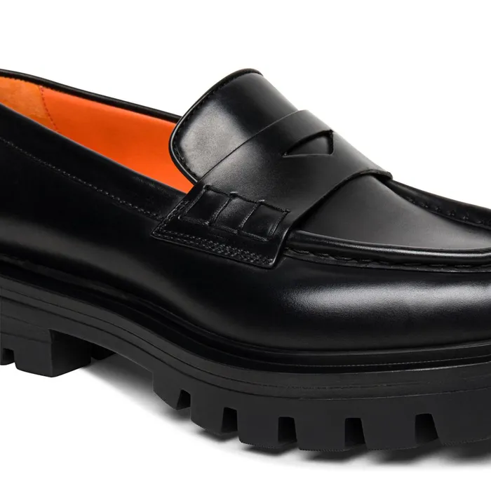 Santoni Polished Black Leather Penny Loafer Women Loafers