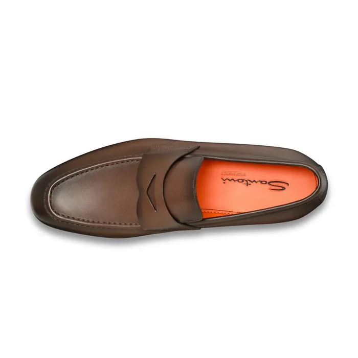 Santoni Polished Brown Leather Penny Loafer Men Loafers