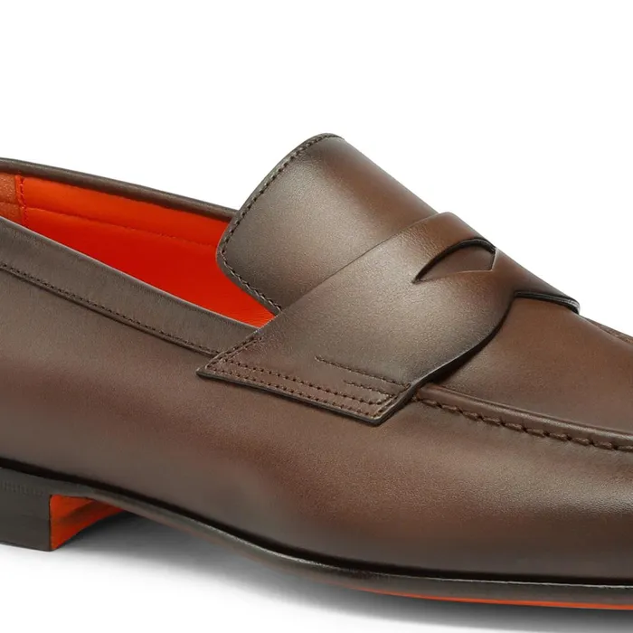 Santoni Polished Brown Leather Penny Loafer Men Loafers
