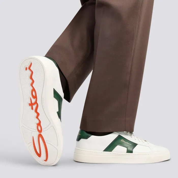 Santoni White And Green Leather Double Buckle Sneaker Men Sneakers