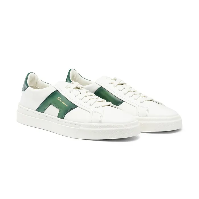 Santoni White And Green Leather Double Buckle Sneaker Men Sneakers