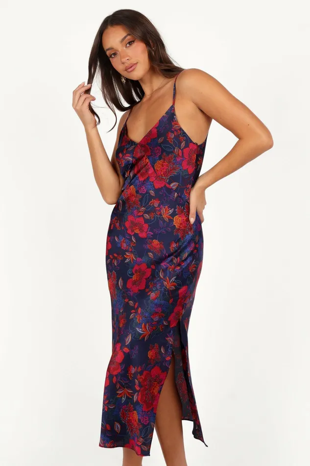 Satin Dresses Petal and Pup Women Lenore Midi Dress Midnight Pomegranate