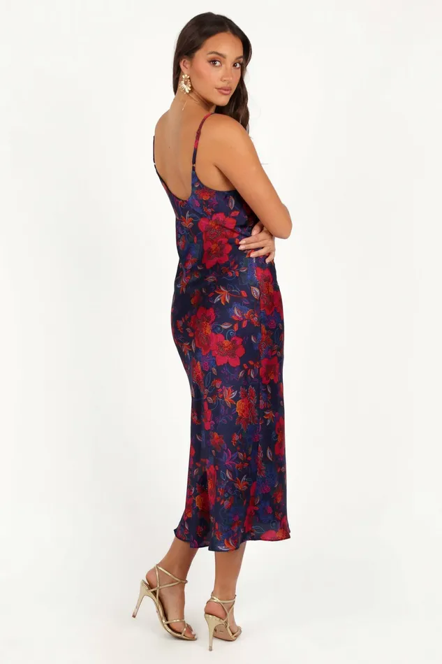 Satin Dresses Petal and Pup Women Lenore Midi Dress Midnight Pomegranate