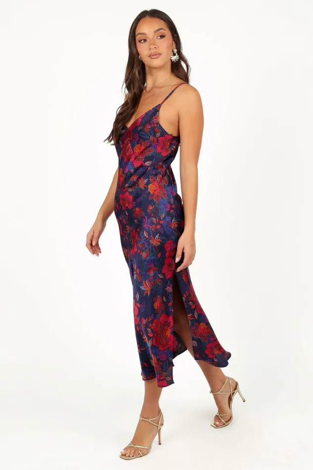 Satin Dresses Petal and Pup Women Lenore Midi Dress Midnight Pomegranate