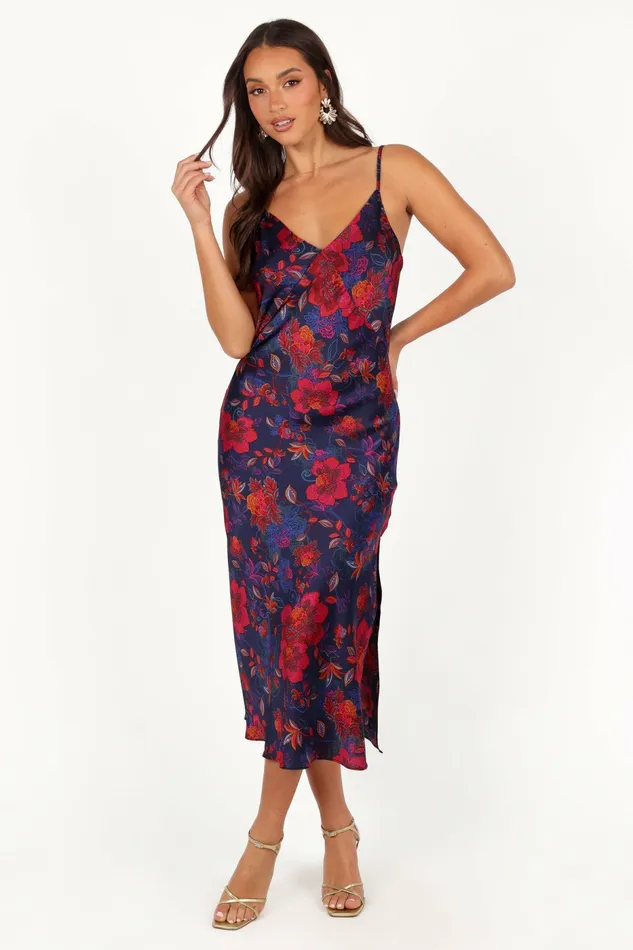 Satin Dresses Petal and Pup Women Lenore Midi Dress Midnight Pomegranate