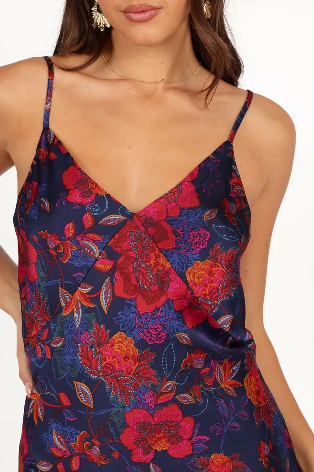 Satin Dresses Petal and Pup Women Lenore Midi Dress Midnight Pomegranate