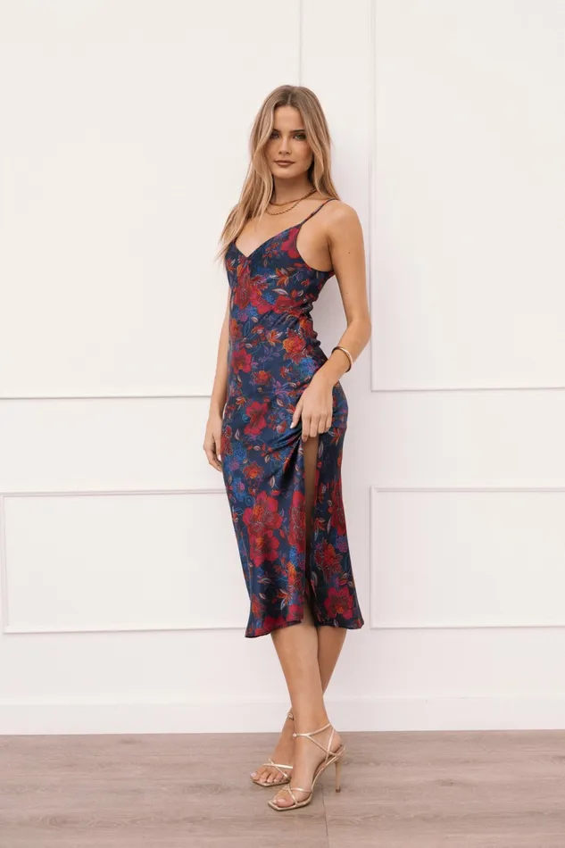 Satin Dresses Petal and Pup Women Lenore Midi Dress Midnight Pomegranate
