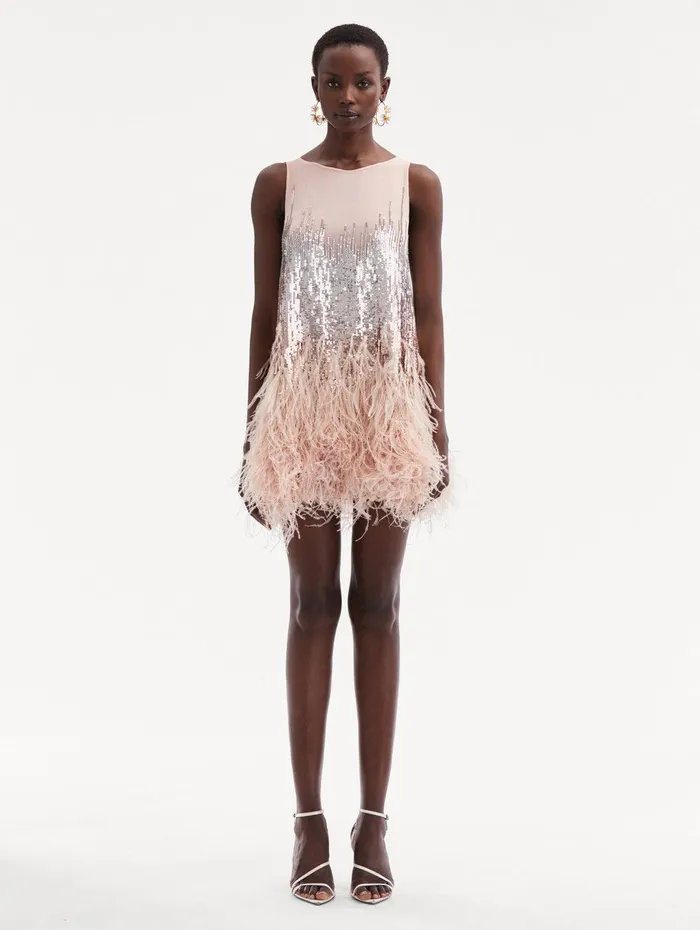 Sequin and Feather Embroidered Dress Blush Women Oscar De La Renta Dresses