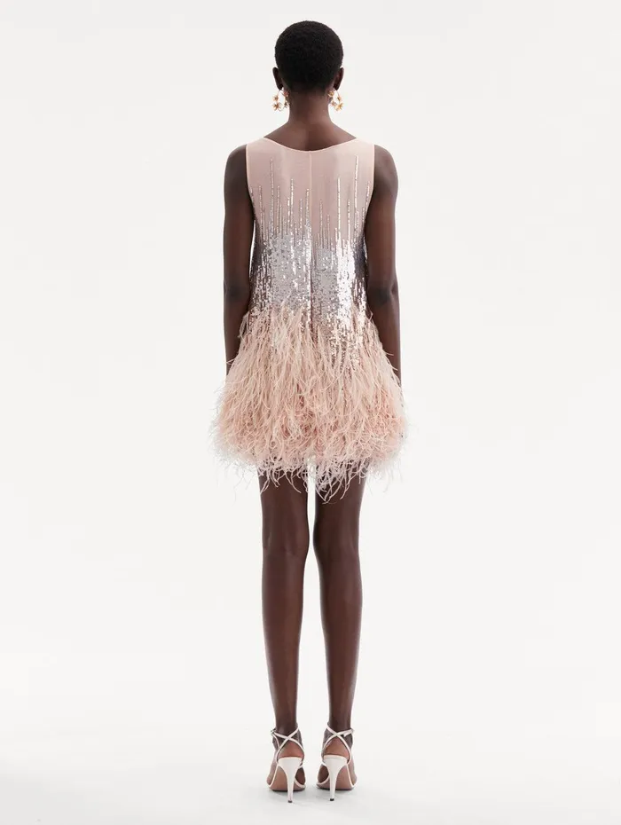 Sequin and Feather Embroidered Dress Blush Women Oscar De La Renta Dresses