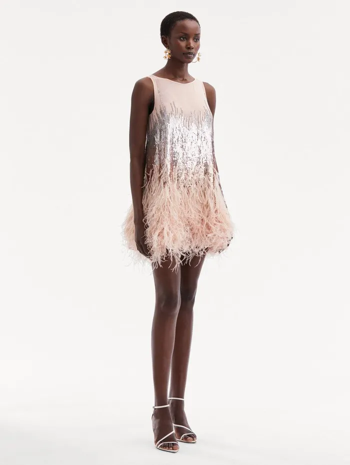 Sequin and Feather Embroidered Dress Blush Women Oscar De La Renta Dresses