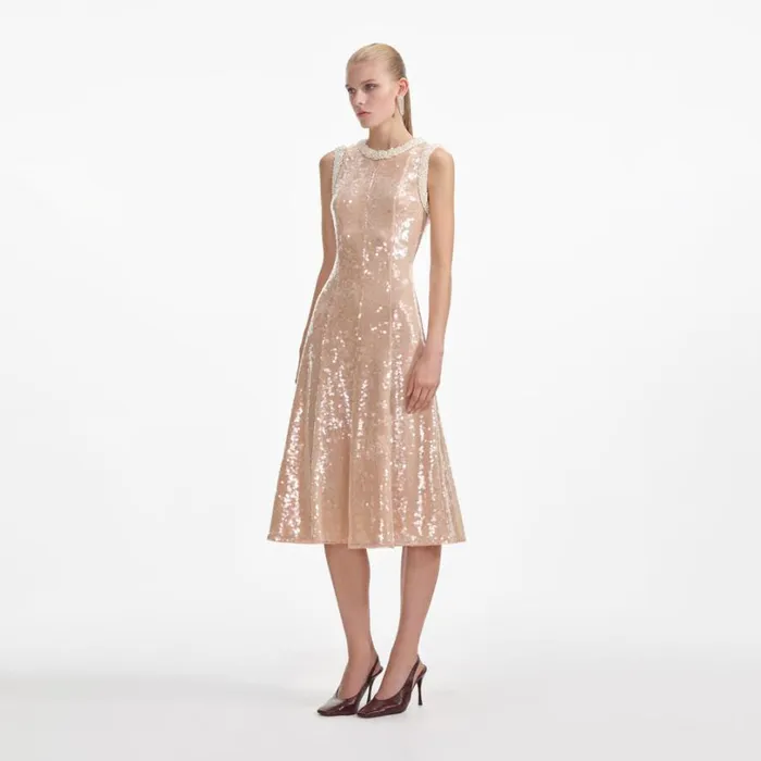 Sequin Pearl Trim Midi Dress Women Self Portrait Dresses