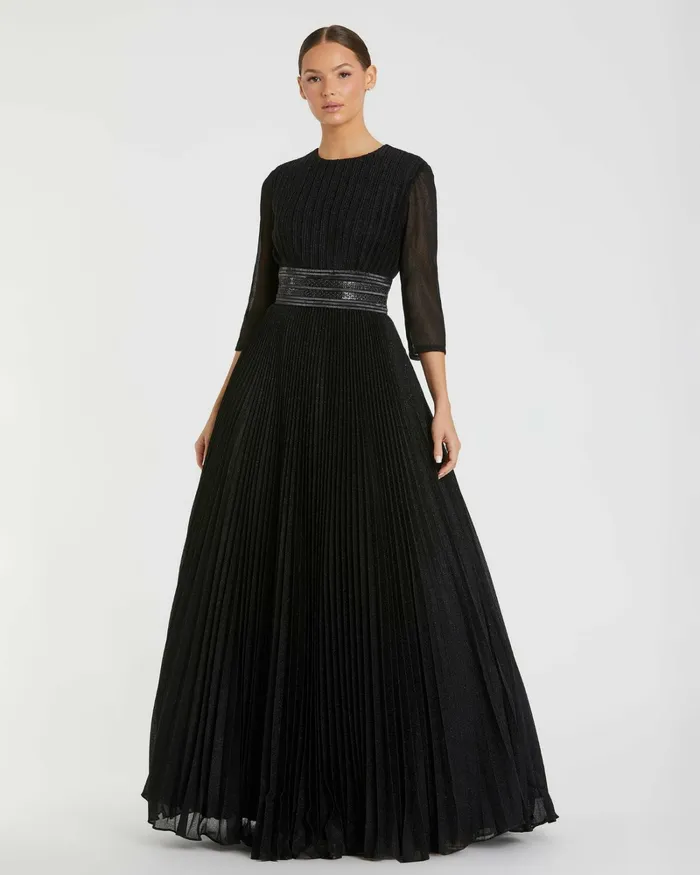 Shimmering Pleated ALine 34 Sleeve Gown Black Women Best Sellers Mac Duggal