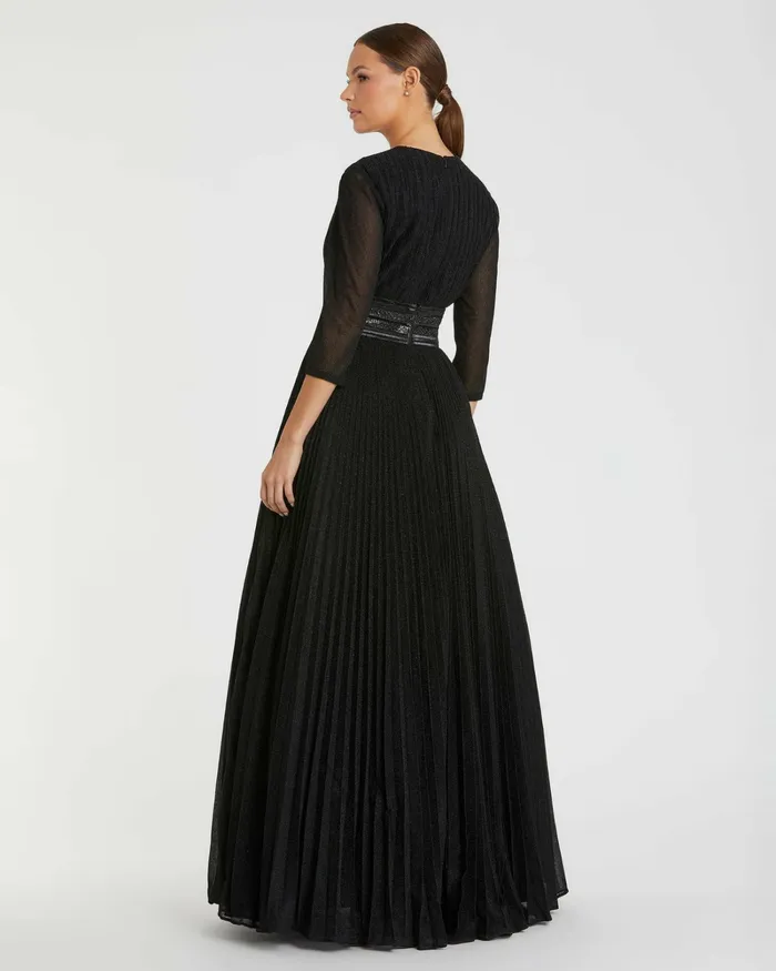 Shimmering Pleated ALine 34 Sleeve Gown Black Women Best Sellers Mac Duggal