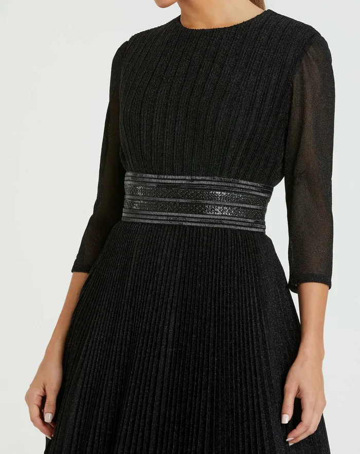 Shimmering Pleated ALine 34 Sleeve Gown Black Women Best Sellers Mac Duggal