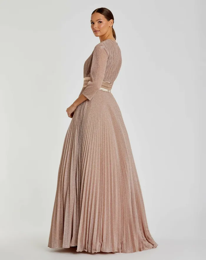Shimmering Pleated ALine 34 Sleeve Gown Black Women Best Sellers Mac Duggal