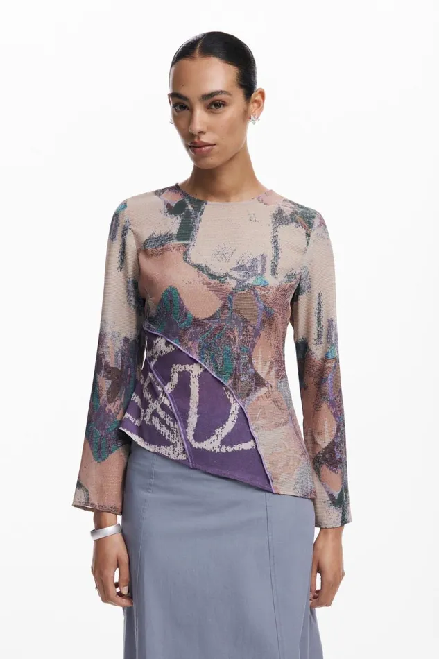 Shirts And Blouses Women Desigual Asymmetric Printed Tshirt Brown