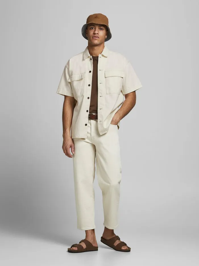 Shirts JACK and JONES Mens BOXY SHORT SLEEVED DENIM SHIRT Beige Ecru Gift 4 You