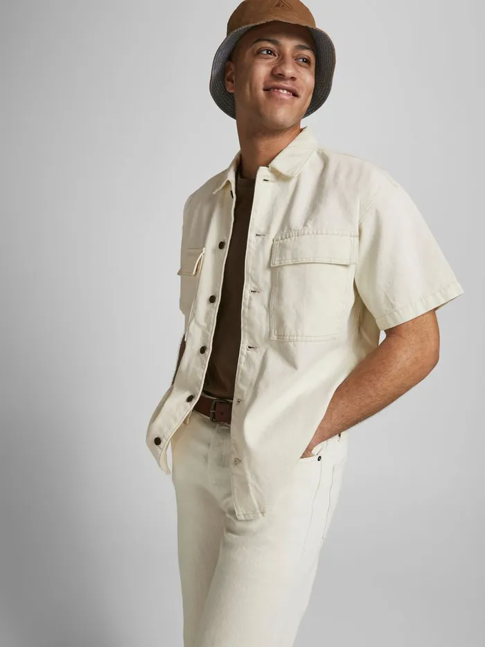 Shirts JACK and JONES Mens BOXY SHORT SLEEVED DENIM SHIRT Beige Ecru Gift 4 You