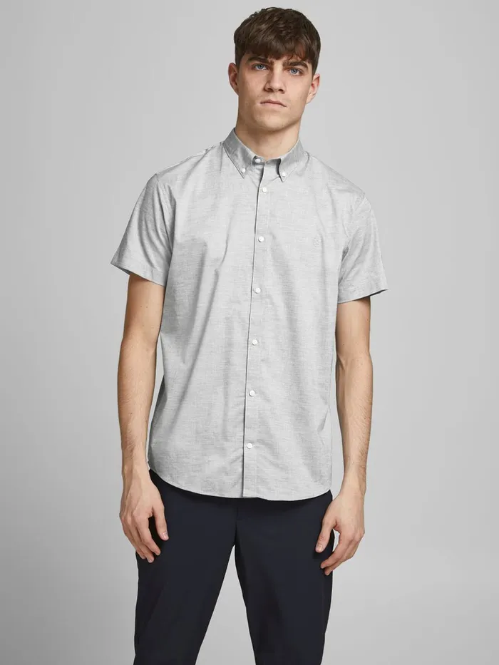 Shirts JACK and JONES Mens BUTTONDOWN POPLIN SHORT SLEEVED SHIRT Grey Light Grey Melange Gift 4 You