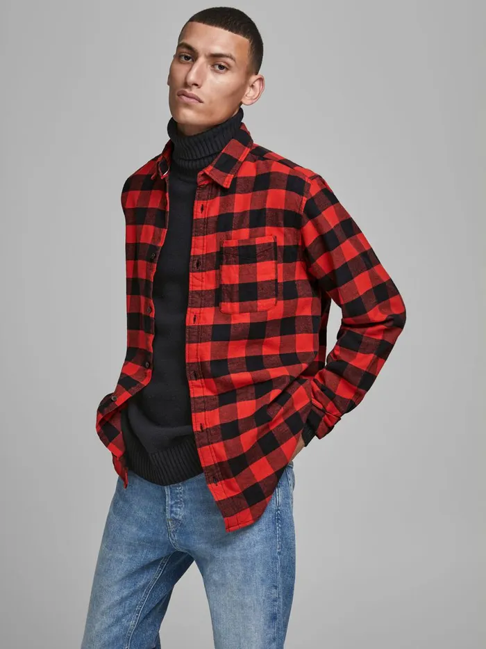 Shirts JACK and JONES Mens CHECKED COMFORT FIT SHIRT Red Fiery Red Casaul