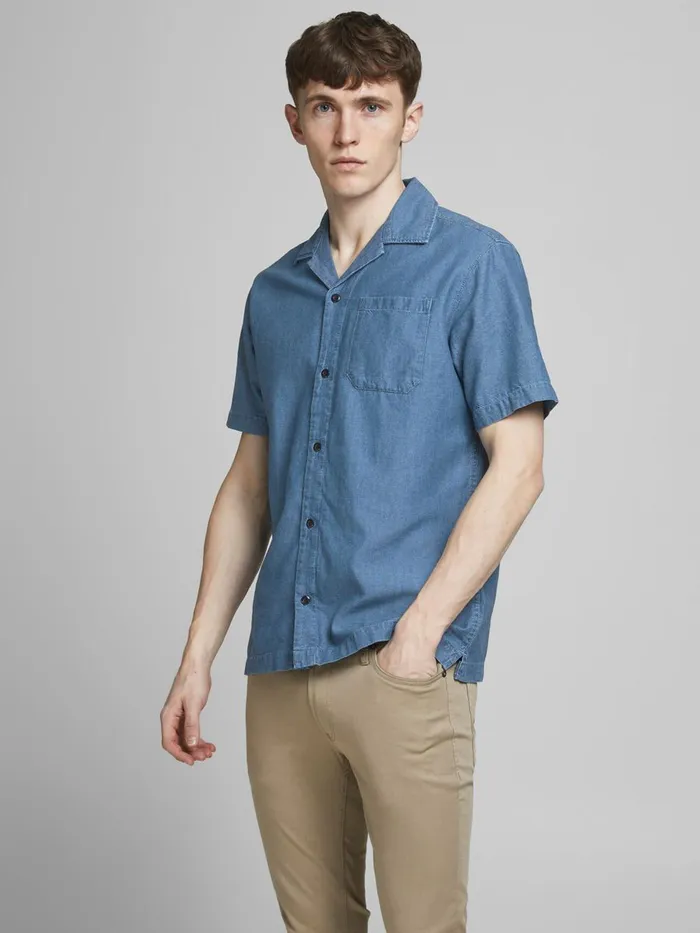 Shirts JACK and JONES Mens DENIM RESORT SHORT SLEEVED SHIRT Blue Denim Blue On Sale Shirts JACK and JONES Mens DENIM RESORT SHORT SLEEVED SHIRT Blue Denim Blue On Sale