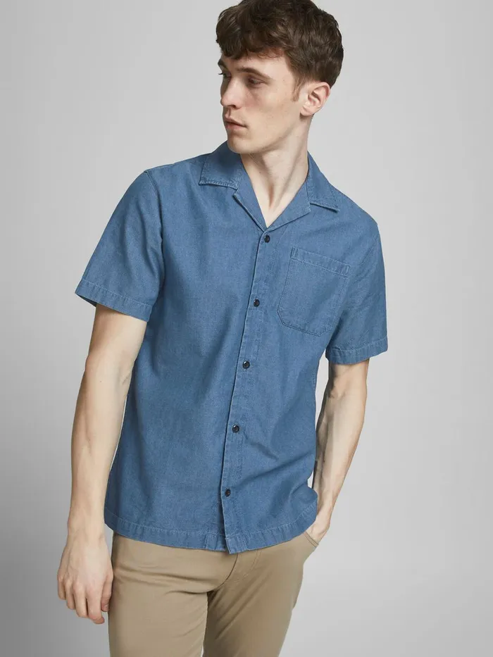 Shirts JACK and JONES Mens DENIM RESORT SHORT SLEEVED SHIRT Blue Denim Blue On Sale
