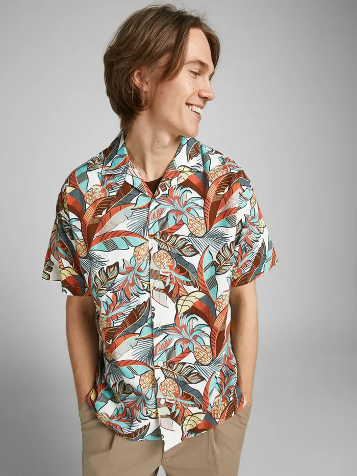 Shirts JACK and JONES Mens LINEN BLEND SHORT SLEEVED SHIRT Orange Bleached Aqua Gift Ideas