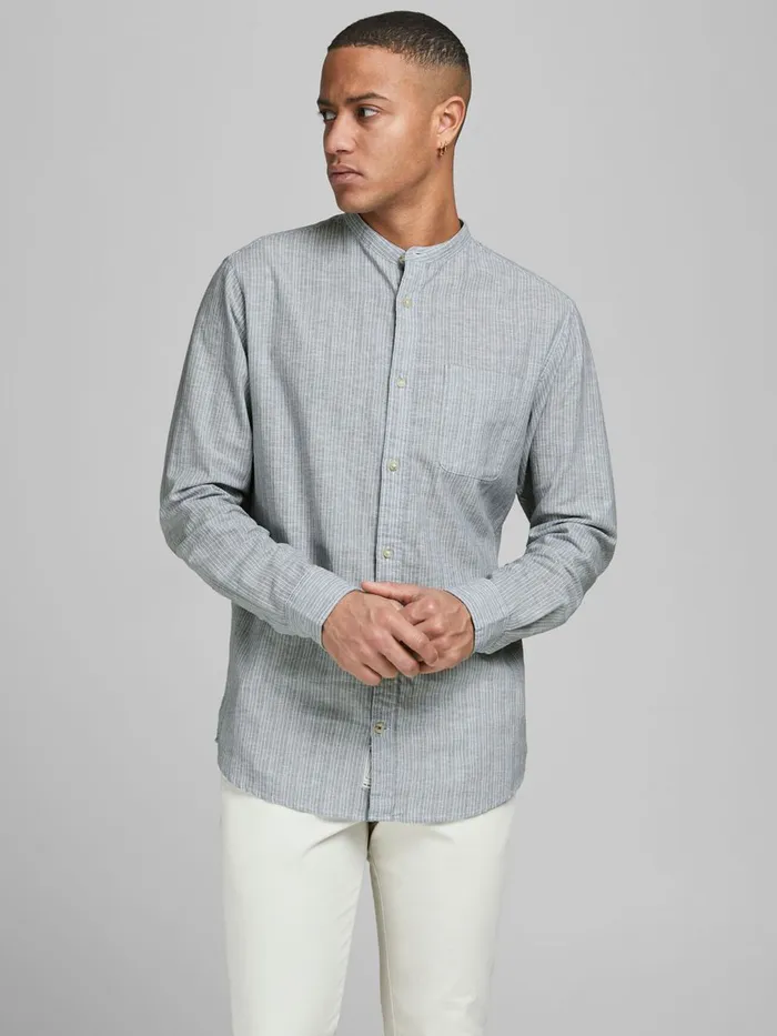 Shirts JACK and JONES Mens MANDARIN COLLAR LINEN SHIRT Grey Whisper White Popular Shirts JACK and JONES Mens MANDARIN COLLAR LINEN SHIRT Grey Whisper White Popular