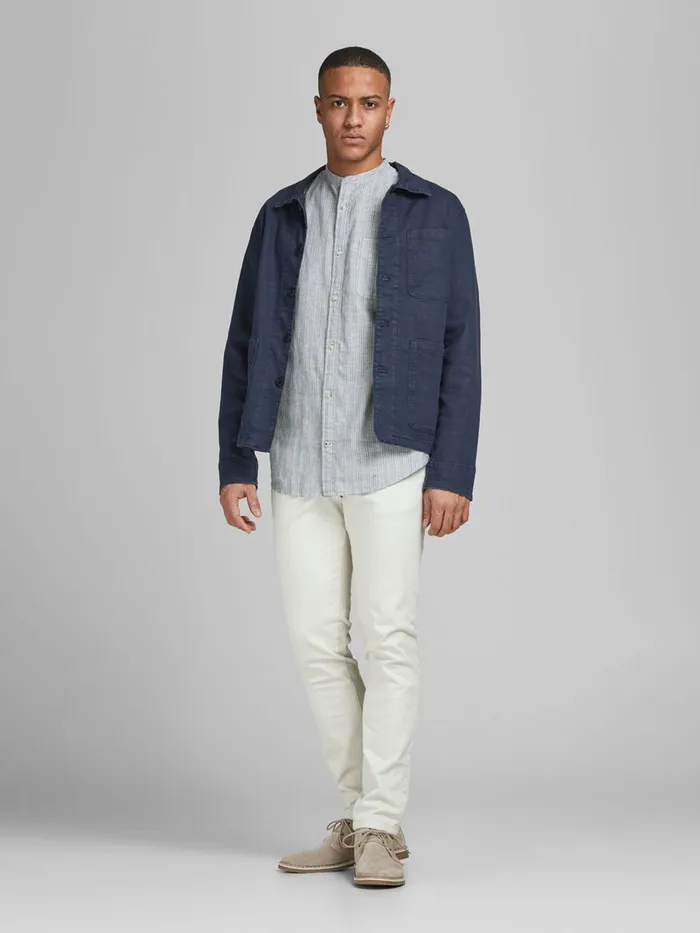 Shirts JACK and JONES Mens MANDARIN COLLAR LINEN SHIRT Grey Whisper White Popular