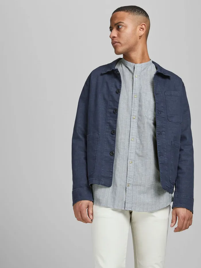 Shirts JACK and JONES Mens MANDARIN COLLAR LINEN SHIRT Grey Whisper White Popular