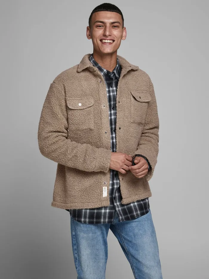 Shirts JACK and JONES Mens TEDDY OVERSHIRT Beige Cloud Dancer Casaul