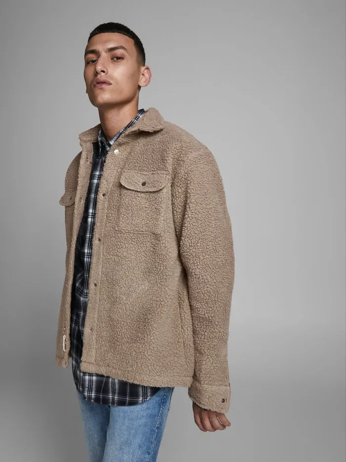Shirts JACK and JONES Mens TEDDY OVERSHIRT Beige Cloud Dancer Casaul