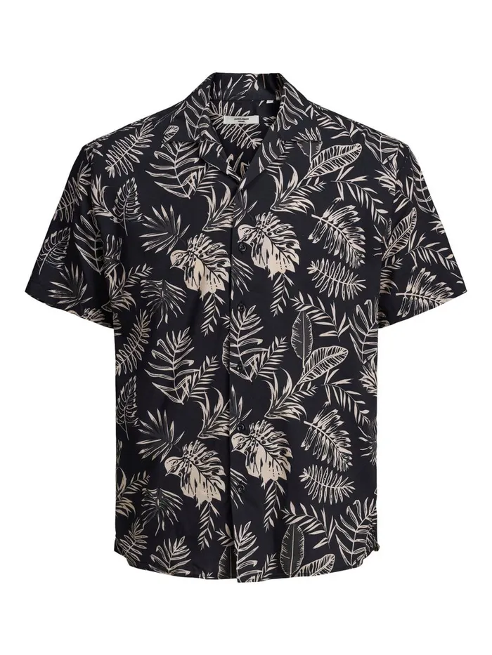 Shirts JACK and JONES Mens TROPICAL PRINT SHORT SLEEVED SHIRT Black Peach Whip Casaul