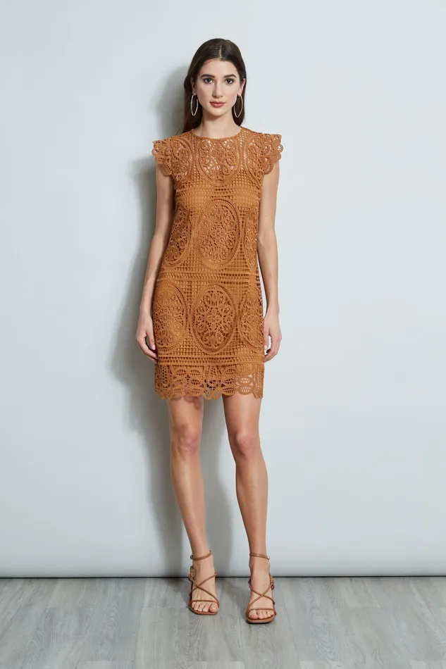 Short Dresses Women Elie Tahari Lace Flutter Sleeve Dress CARAMEL