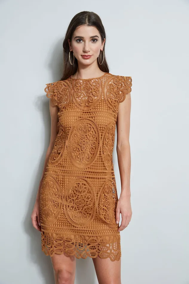 Short Dresses Women Elie Tahari Lace Flutter Sleeve Dress CARAMEL