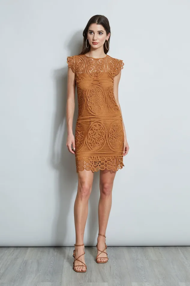 Short Dresses Women Elie Tahari Lace Flutter Sleeve Dress CARAMEL