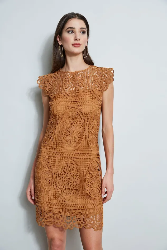 Short Dresses Women Elie Tahari Lace Flutter Sleeve Dress CARAMEL