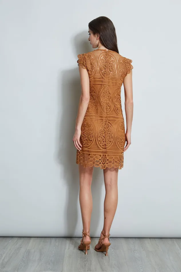 Short Dresses Women Elie Tahari Lace Flutter Sleeve Dress CARAMEL