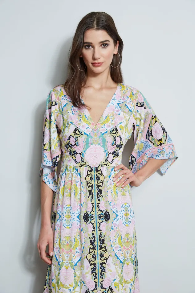 Short Sleeve Dresses Women Elie Tahari Silk Damask Scarf Maxi Dress SUMMER DAMASK